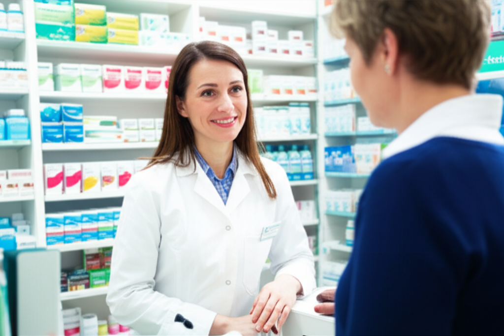 Pharmacist helping customer at Essex Pharmacy